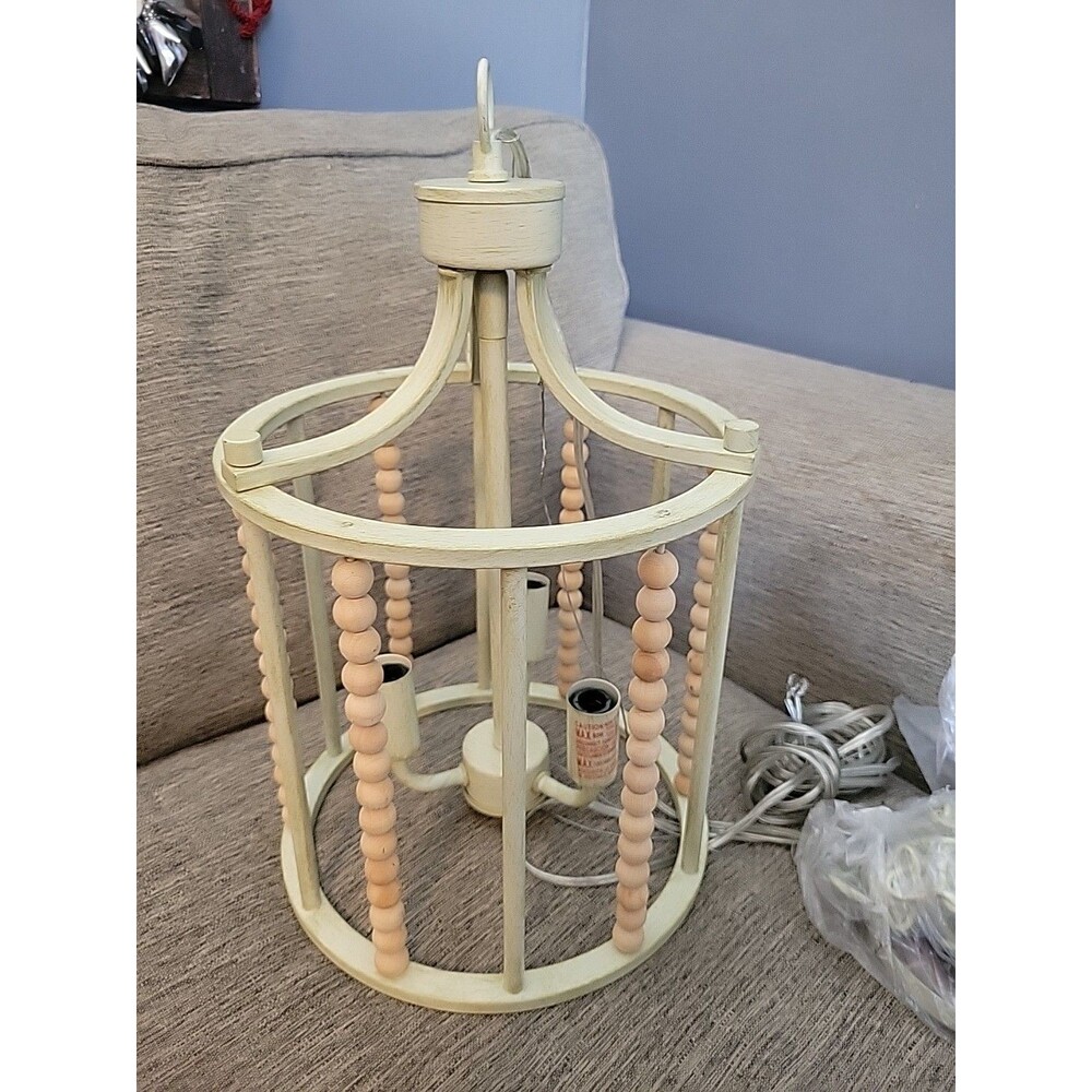 Boho Wood Bead Chandelier Farmhouse Pendant Light Fixture 3-Light Cream